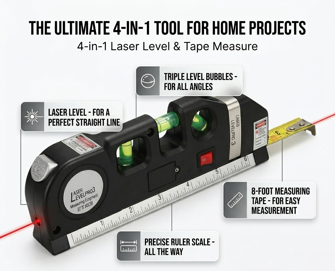 4-in-1 Laser Level with Measuring Tape for DIY [Pack of 2]
